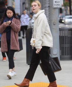 Elle Fanning Off White Faux Jacket