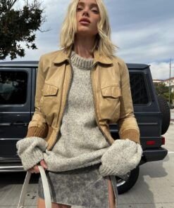 Elsa Hosk Beige Leather Bomber Cropped Jacket 2023