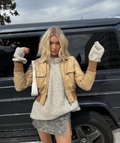 Elsa Hosk Beige Leather Bomber Cropped Jacket