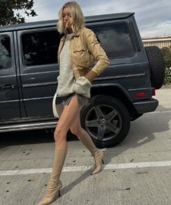 Elsa Hosk Beige Leather Bomber Jacket