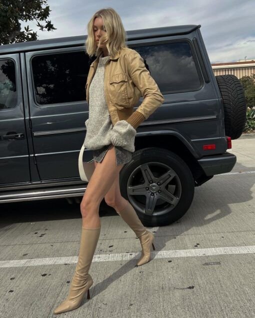 Elsa Hosk Beige Leather Bomber Jacket