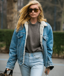 Elsa Hosk Blue Denim Shearling Jacket