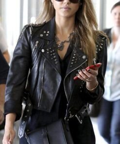 Jessica Alba Black Leather Studded Jacket