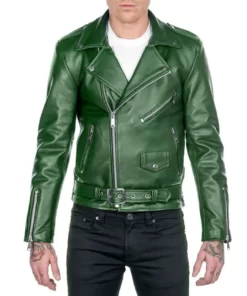 Men’s Shinny Green Leather Biker Jacket