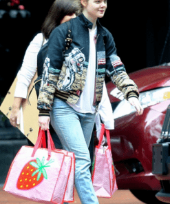 elle fanning saint laurent moon landing black varsity jacket 2023