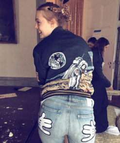elle fanning saint laurent moon landing black varsity jacket