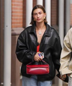 Hailey Bieber Oversize Black Leather Jacket 2023