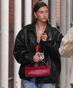 Hailey Bieber Oversize Black Leather Jacket
