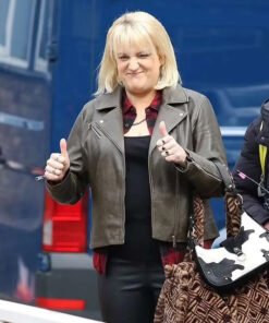 Daisy May Cooper Rain Dogs 2023 Costello Jones Black Leather Jacket