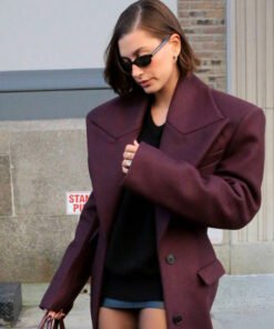 Hailey Bieber Burgundy Coat