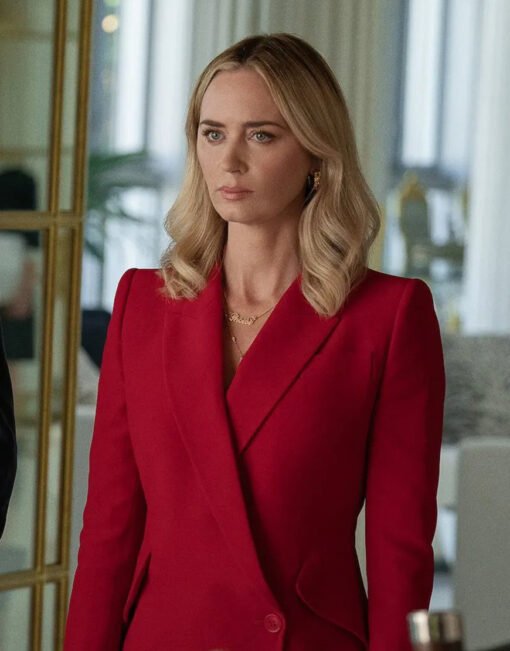 Pain Hustlers 2023 Emily Blunt Red Asymmetric Blazer