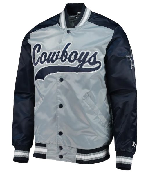 Dallas Cowboys Blue And Grey Varsity Satin Jacket 2023