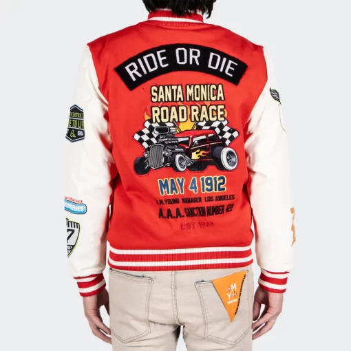 Men’s Ride Or Die Road Race Red Varsity Letterman Jacket 2024
