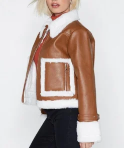 Womens Brown Cropped Aviator Leather Jacket