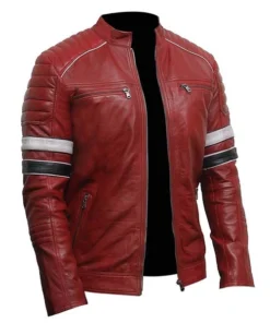 Mens Striped Red Cafe Racer Jacket