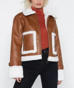 Womens Brown Cropped Aviator Leather Jacket