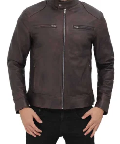 Dodge Mens Brown Leather Racer Jacket