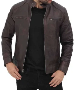 Dodge Mens Brown Leather Racer Jacket