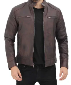 Dodge Mens Brown Leather Racer Jacket
