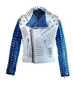 Mens Silver Studded White & Blue Biker Jacket