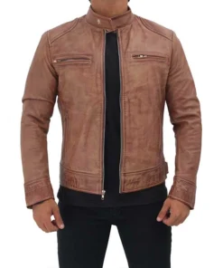 Dodge Leather Distressed Cafe Racer Leather Jacket