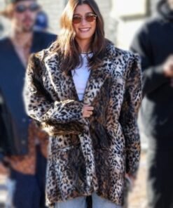 Hailey Bieber Super Bowl Animal Print Coat