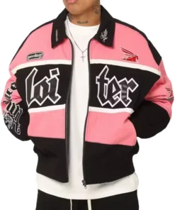 Loiter Racing Pink And Black Varsity Jacket