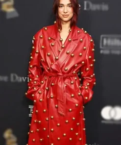 Pre-grammy Gala 2024 Dua Lipa Red Leather Coat