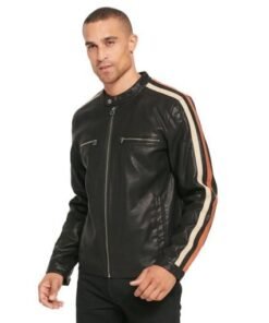 Mens Motorcycle Leather Jacket with Stripe