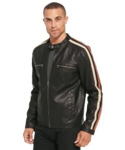 Mens Motorcycle Leather Jacket with Stripe