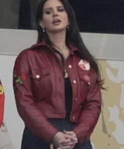 Super Bowl 2024 Lana Del Rey 49ers Cropped Red Leather Jacket