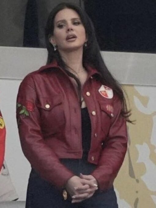 Super Bowl 2024 Lana Del Rey 49ers Cropped Red Leather Jacket