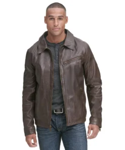 Mens Vintage Leather Shirt Collar Jacket