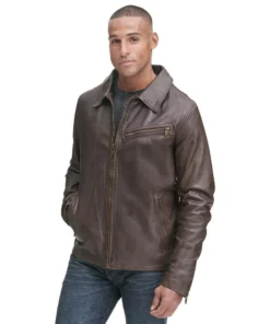 Mens Vintage Leather Shirt Collar Jacket