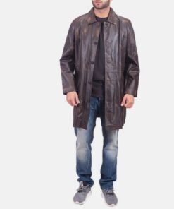 Mens Brown Leather Trench Coat