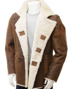 Men Tan Sheepskin Leather Peacoat