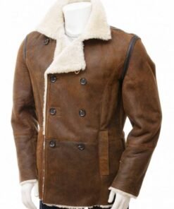 Men Tan Sheepskin Leather Peacoat