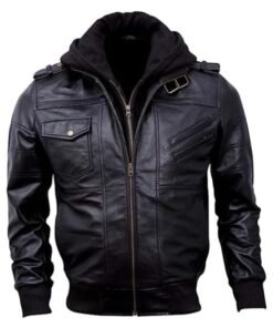 Mens Bomber Hooded Black Leather Jacket