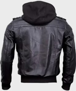 Mens Bomber Hooded Black Leather Jacket
