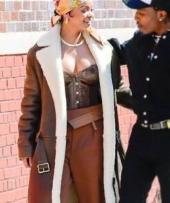 Rihanna Long Shearling Leather Coat
