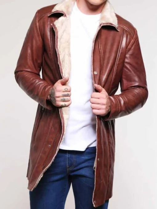 Mens Brown Mid-Length Shearling Coat