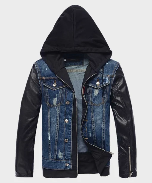 Mens Hooded Leather Denim Jacket