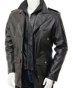 Mens Black Leather Peacoat