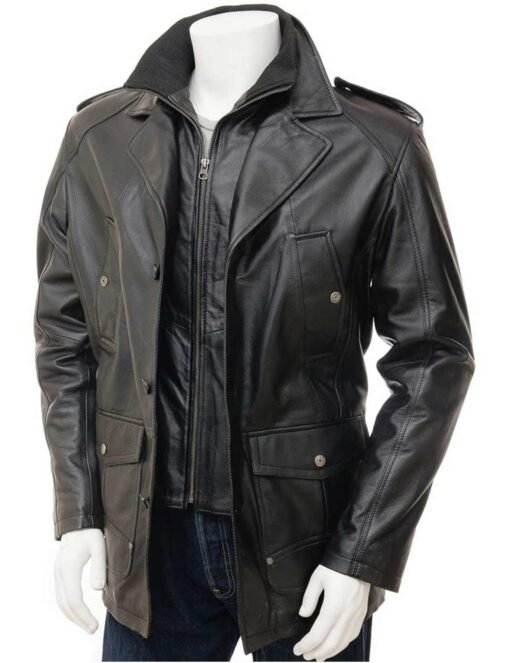 Mens Black Leather Peacoat