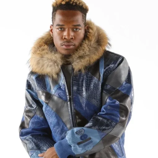 Pelle Pelle Men Blue Abstract Leather Jacket | Fur Hooded