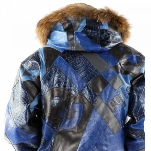 Pelle Pelle Men Blue Abstract Leather Jacket | Fur Hooded