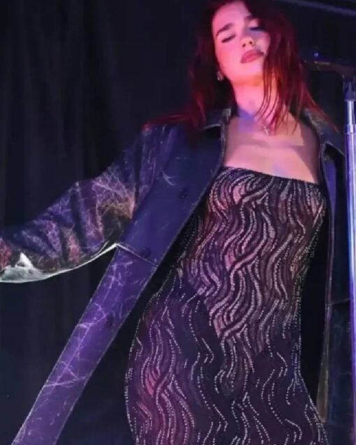 Dua Lipa Performance Distressed Black Leather Coat