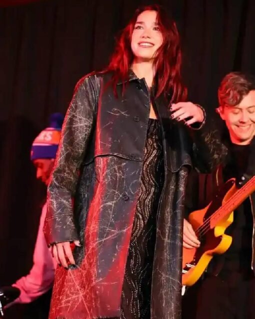 Dua Lipa Performance Distressed Black Leather Coat