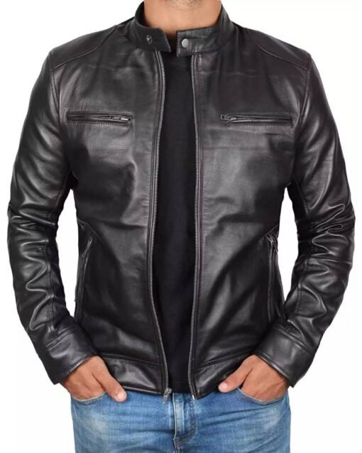 Men’s Black Lambskin Leather Cafe Racer Jacket