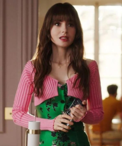 Emily In Paris S04 Lily Collins Pink Ribbed Cardigan